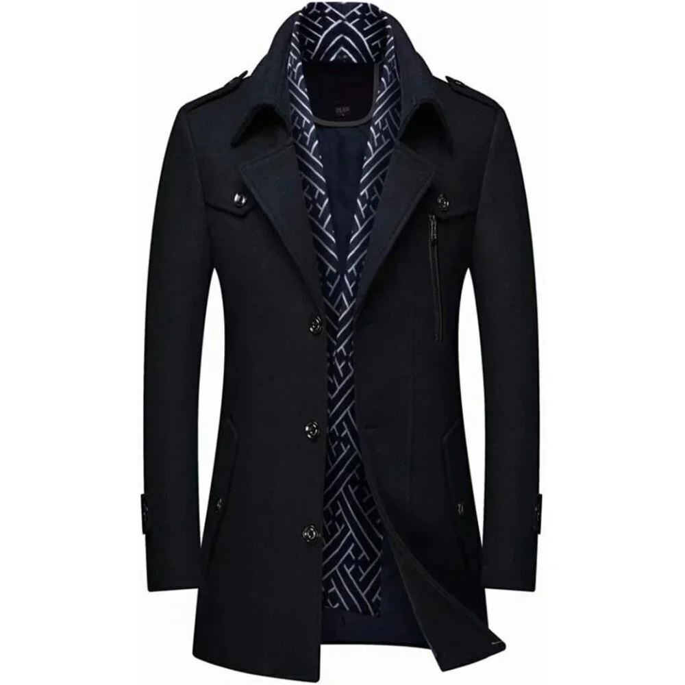 Men's Black 1 Wool Blend Coat Warm Winter Trench Coat With Detachable Soft Scarf
